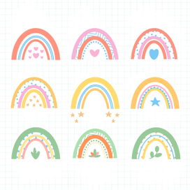 Set of multicolored minimalistic Scandinavian rainbows in doodle style