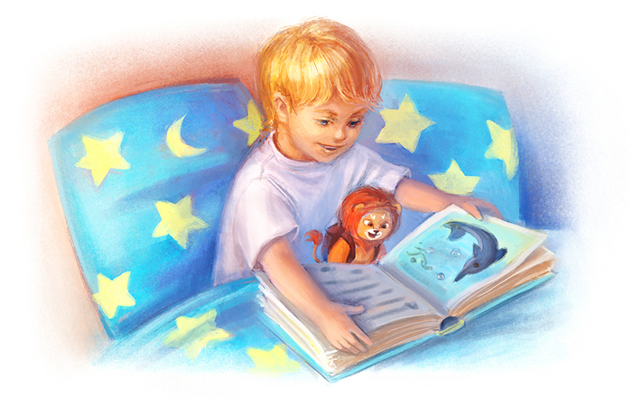 Тим и Лёвка читают про дельфинов.