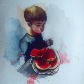 Мальчик с арбузом солнечным днем