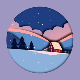 Зимний пейзаж, эффект paper cut out 