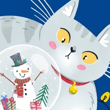 Новогодняя открытка с котом и снежным шаром