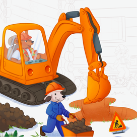 Медведь управляет экскаватором