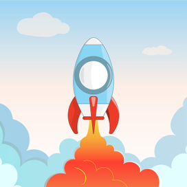 Мультяшный космический корабль взлетает в небо