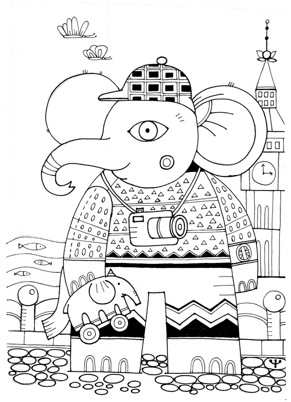 Слон - фотограф (лист для раскрашивания)