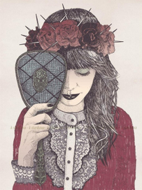 Девушка, венок из роз и винтажное зеркало в цвете