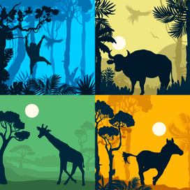 Wild animals, silhouette, flet, vector set, jungle, savannah