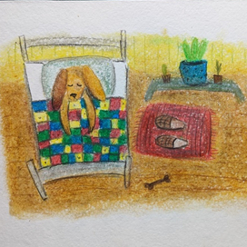 собачка спит в кровати