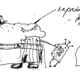 Карабас-Барабас кидает Буратино в нарисованный очаг