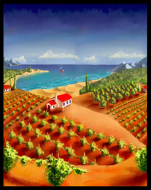 винградники и море (день) (иллюстрация на упаковку белого вина)