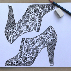 Раскраска для взрослых, ботинки с индийским онаментом