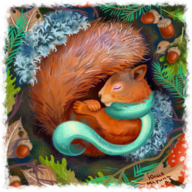 Спящая белочка. Осенняя иллюстрация