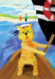 Кот на лодке.