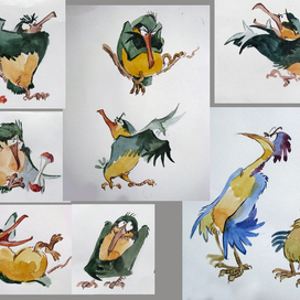 Эскизы персонажей к тайской сказке «Болтливая птичка»( студенческий семестровый проект)