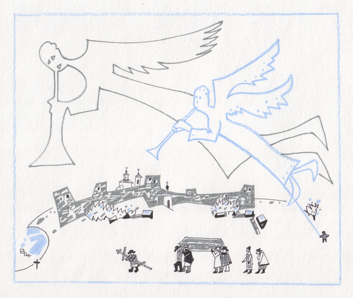 Похороны деда Петра. Лист 5. Иллюстрация к рассказу "Каникулы в Изборске"