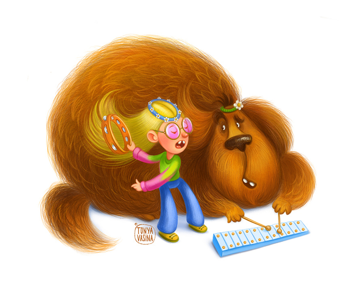 Девочка, бубен, пес