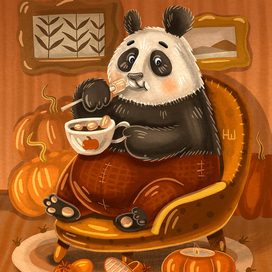 Панда в кресле с какао