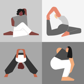 Монохромный коллаж с женщинами, выполняющими упражнения йоги