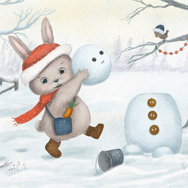 Иллюстрация зимняя "Зайка и снеговик"