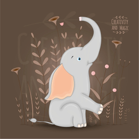 Маленький слон поднимает лапу на цветочном фоне