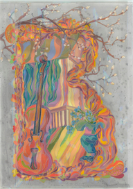 Русский алфавит на фоне предметов русского быта. Буква "В"