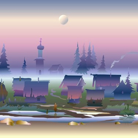 Иллюстрация. Сумерки в вечернем тумане