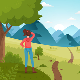 Landscape with mountains in flat style with man