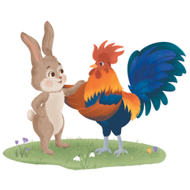 Заяц и петух, иллюстрация для сказки Заячья избушка 