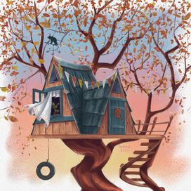 Домик на дереве с винтовой лестницей и символом медведя