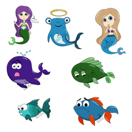 Стикеры, морские обитатели, русалки
