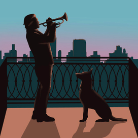 Музыкант играет на трубе на балконе