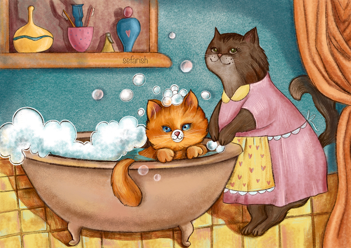 Мама кошка и котёнок 