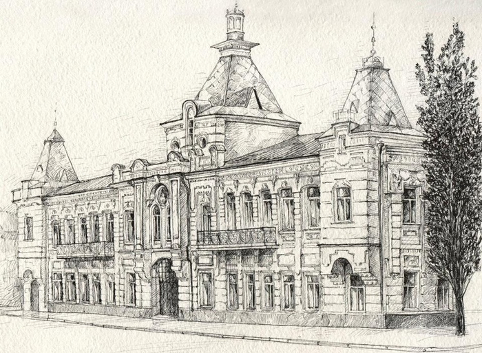 Архитектурные зарисовки Ростова. здание в неорусском стиле.