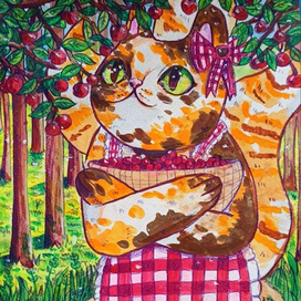 Трехцветная кошка в вишневом саду