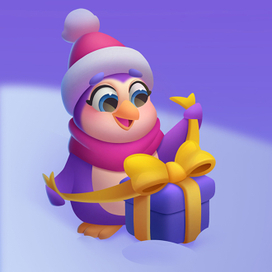 Пингвин девочка открывает подарок
