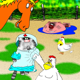 Иллюстрация к басне Эзопа про кота и курочек