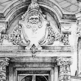 Маскарон-картуш на фасаде музея Параны, Кутириба, Бразилия