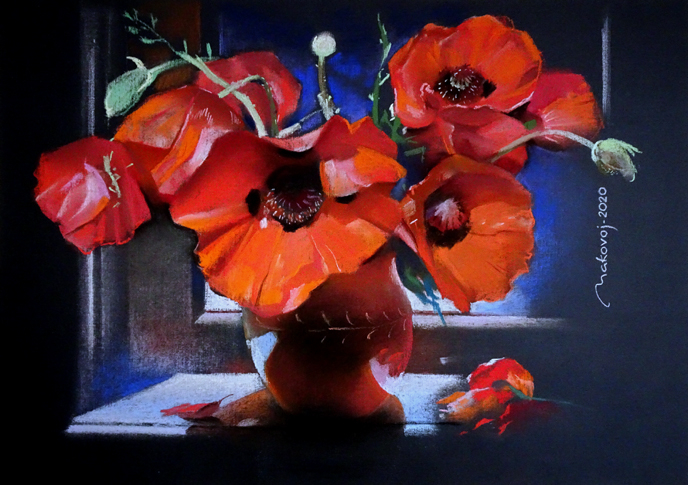 ,,Букет из маков в лунном освещении,, 