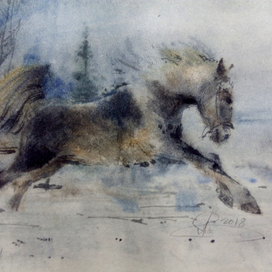 Лошадка акварелью по мокрому