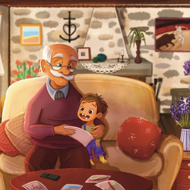 Дедушка с внуком  смотрят старые фотографии 