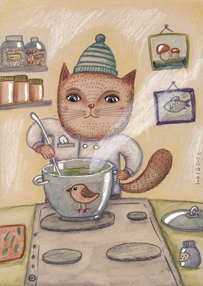 Кот варит суп.