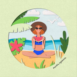 Летняя иллюстрация в стиле скрапбукинга. Papercut style.