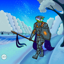 Сэр рыцарь Ими Грейскар, в пути, наслаждается видом падающего снега