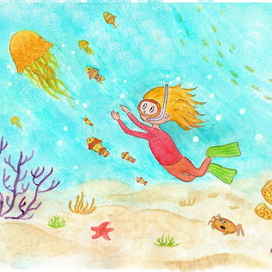 Девочка ловит медузу
