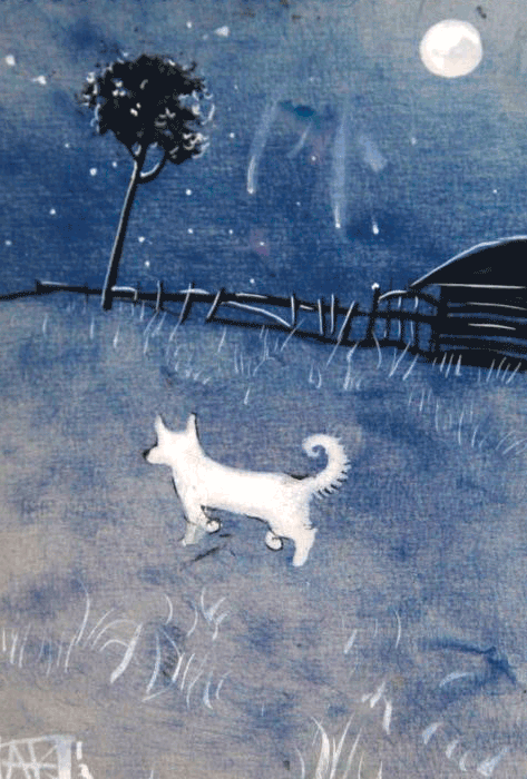 белая собака в лунную ночь