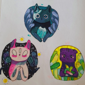 Мои работы маркерами и акварелью. Фентази котики и люди в виде цветов🔴🟠🟡🟢🔵🟣