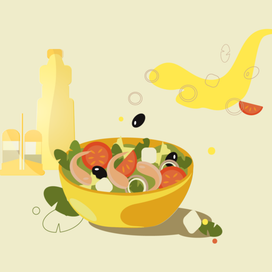 веселый салат из морепродуктов в процессе приготовления