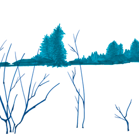 Winter landscape with dark branches in the foreground and a distant village among the azure forest