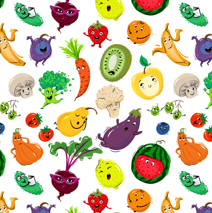 Паттерн. Персонажи. Овощи и фрукты.