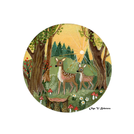 Оленики в вечернем лесу. Магнитик. Размер 10см.