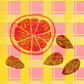 Digital иллюстрация в стиле "ризография" грейпфрут, миндаль